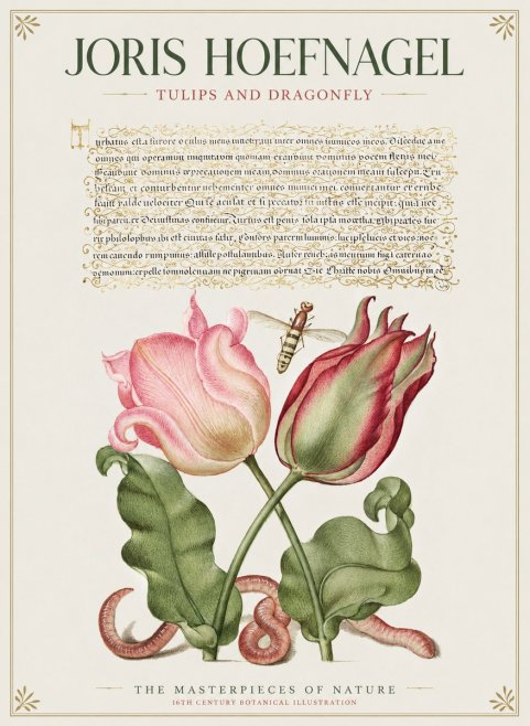 Joris Hoefnagel Two Tulips with Caterpillars and Dragonfly No2 - Poster