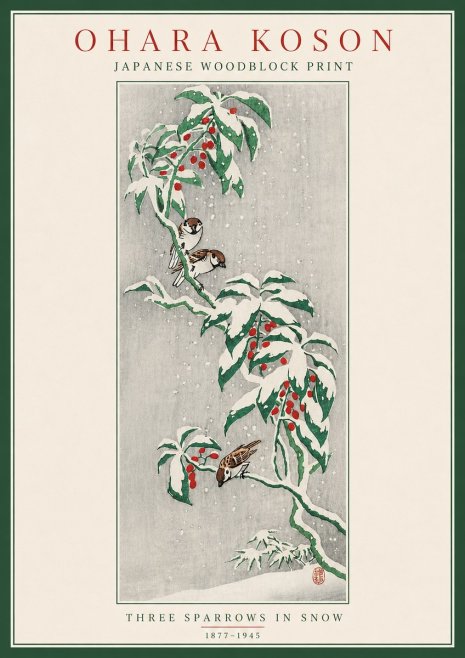 Ohara Koson Three Sparrows in Snow No5 - Poster