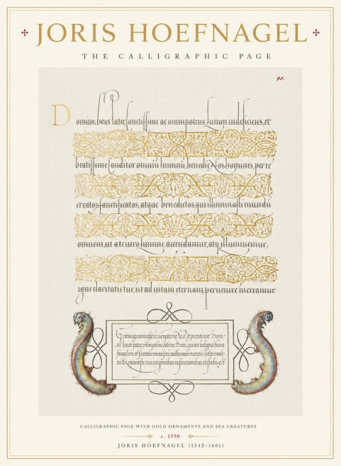 Joris Hoefnagel Calligraphic Page with Gold Ornaments and Sea Creatures No1 - Poster