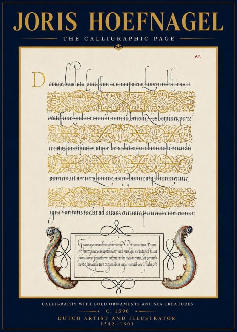 Joris Hoefnagel Calligraphic Page with Gold Ornaments and Sea Creatures No4 - Poster