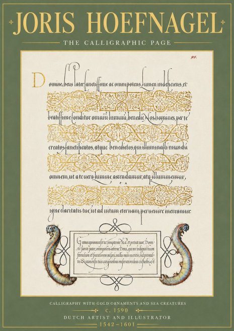 Joris Hoefnagel Calligraphic Page with Gold Ornaments and Sea Creatures No5 - Poster