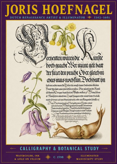 Joris Hoefnagel Calligraphy & Botanical Study No3 - Poster