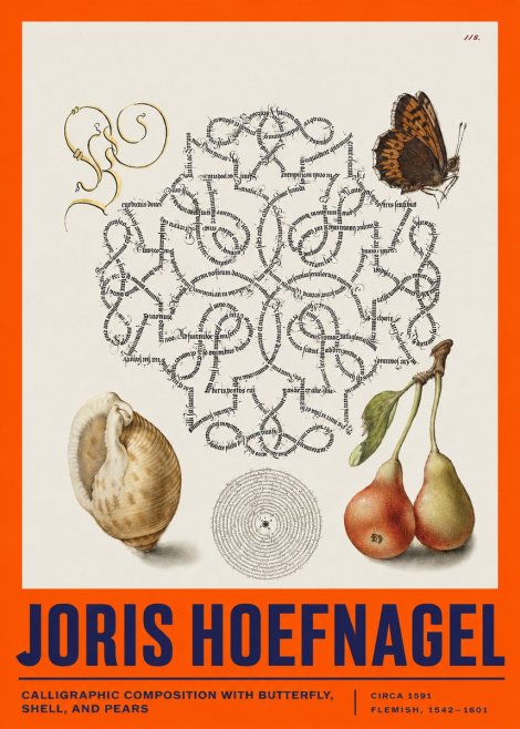 Joris Hoefnagel Calligraphic Composition with Butterfly, Shell, and Pears No2 - Poster