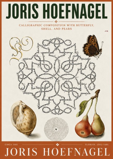 Joris Hoefnagel Calligraphic Composition with Butterfly, Shell, and Pears No5 - Poster
