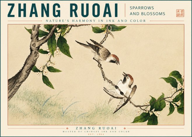 Zhang Ruoai Sparrows and Blossoms No5 - Poster