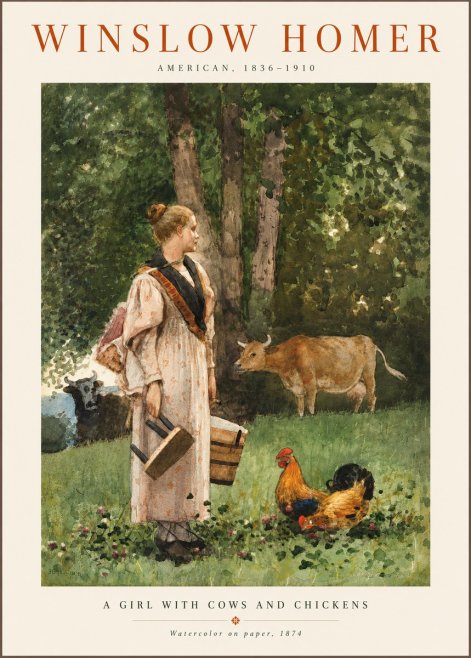 Winslow Homer A Girl with Cows and Chickens No6 - Poster