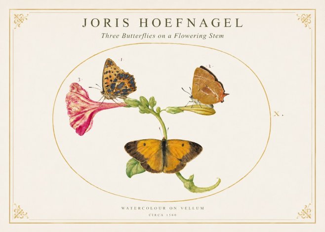 Joris Hoefnagel Three Butterflies on a Flowering Stem No1 - Poster