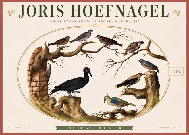 Joris Hoefnagel Birds in an Oval Frame No4 - Poster