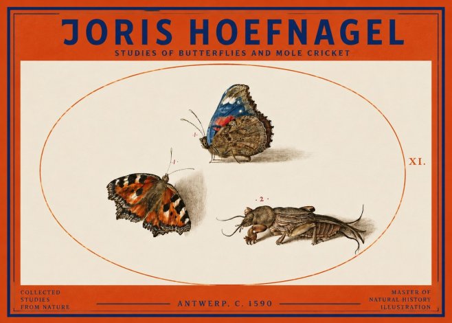 Joris Hoefnagel Studies of Butterflies and Mole Cricket No3 - Poster