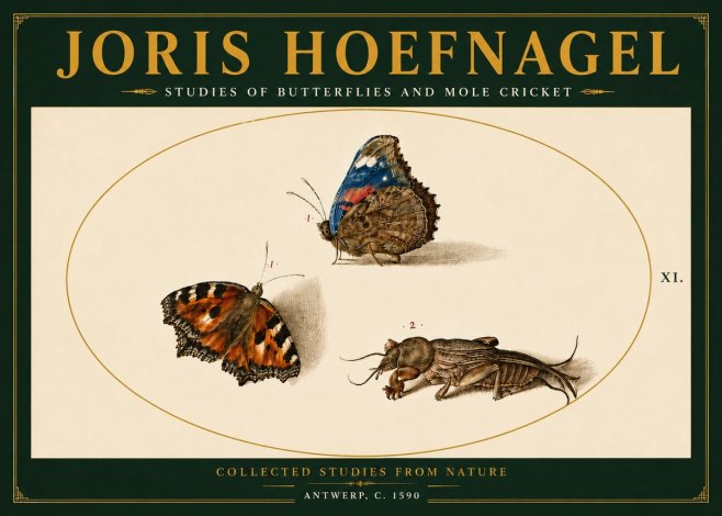 Joris Hoefnagel Studies of Butterflies and Mole Cricket No6 - Poster