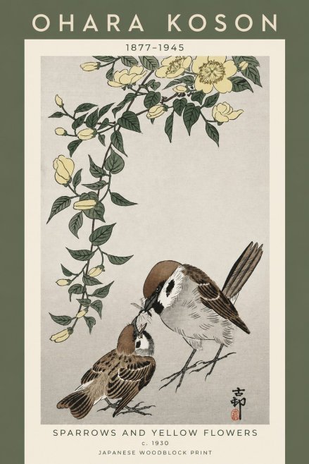 Ohara Koson Sparrows and Yellow Flowers No5 - Poster