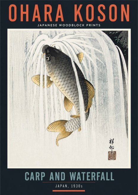 Ohara Koson Carp and Waterfall No4 - Poster