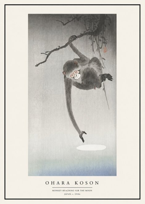 Ohara Koson Monkey Reaching for the Moon No1 - Poster