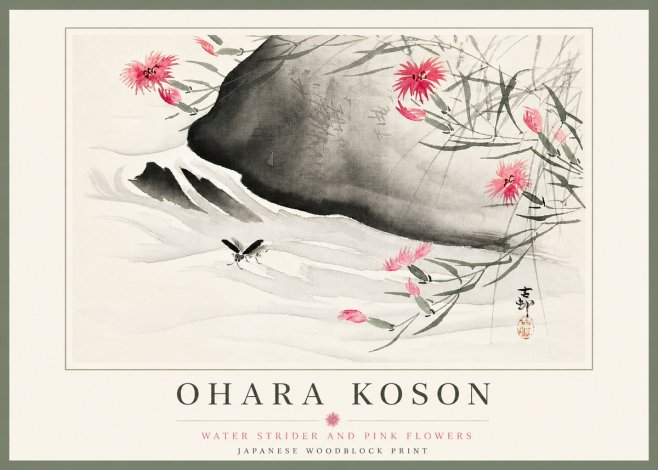 Ohara Koson Water Strider and Pink Flowers No5 - Poster