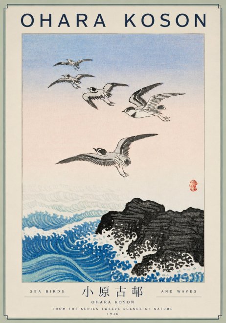 Ohara Koson Sea Birds and Waves No4 - Poster