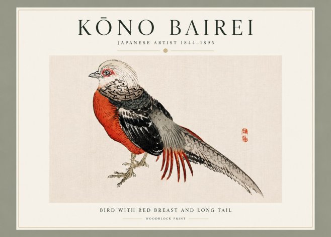 Kōno Bairei Bird with Red Breast and Long Tail No3 - Poster