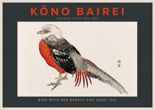 Kōno Bairei Bird with Red Breast and Long Tail No4 - Poster