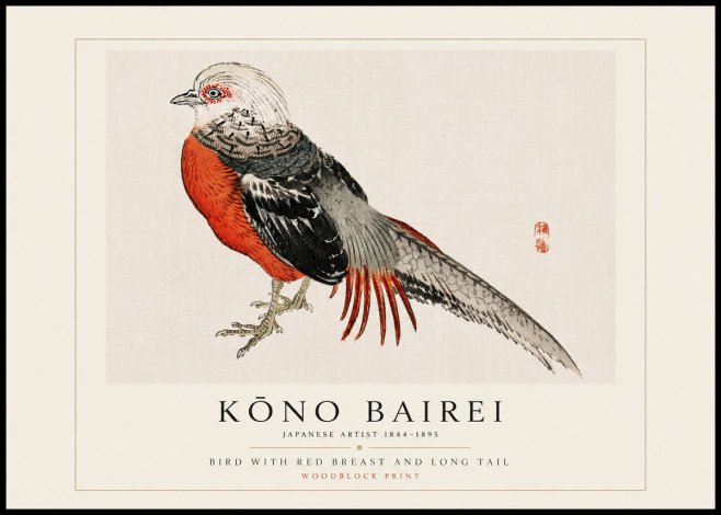 Kōno Bairei Bird with Red Breast and Long Tail No5 - Poster