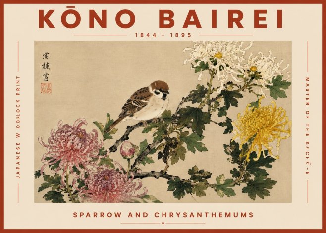 Kōno Bairei Sparrow and Chrysanthemums No6 - Poster