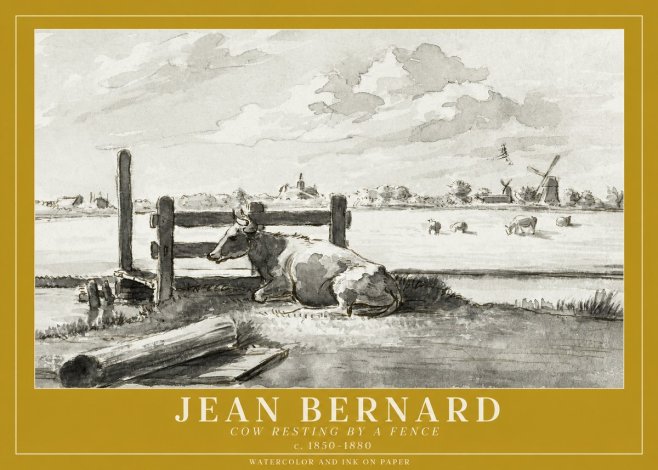 Jean Bernard Cow Resting by a Fence No1 - Poster