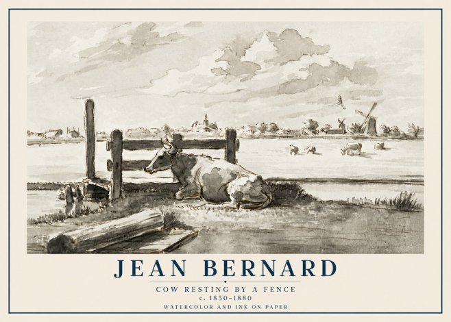 Jean Bernard Cow Resting by a Fence No2 - Poster