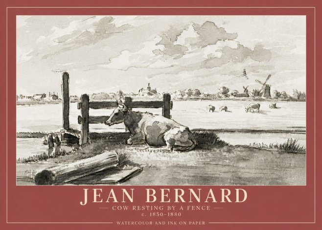 Jean Bernard Cow Resting by a Fence No4 - Poster