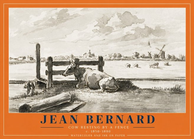 Jean Bernard Cow Resting by a Fence No6 - Poster
