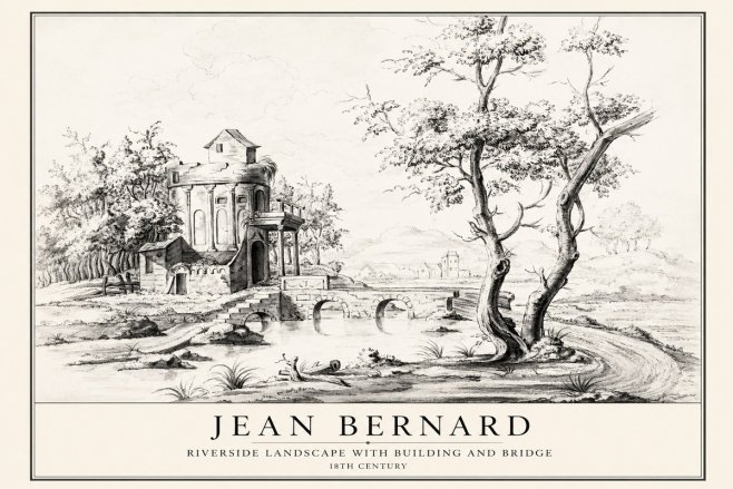 Jean Bernard Riverside Landscape with Bridge and Tower No4 - Poster