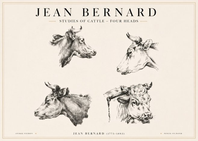 Jean Bernard Studies of Cattle - Four Heads No1 - Poster