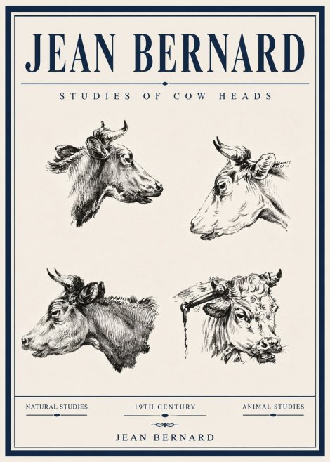 Jean Bernard Studies of Cattle - Four Heads No6 - Poster