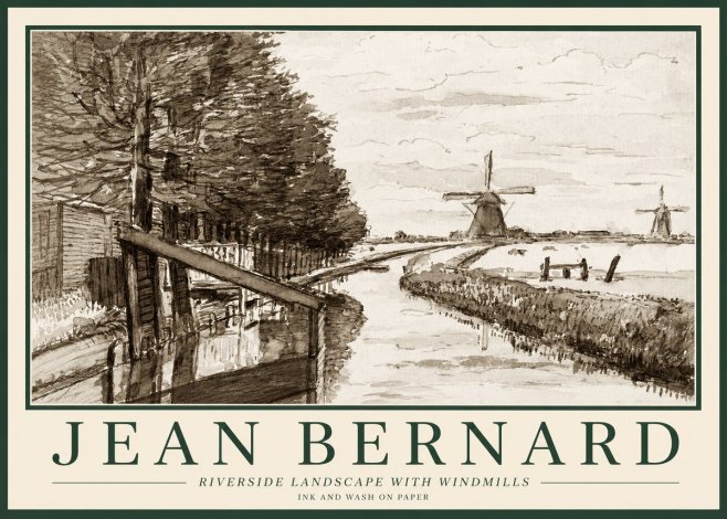 Jean Bernard Riverside Landscape with Windmills No1 - Poster