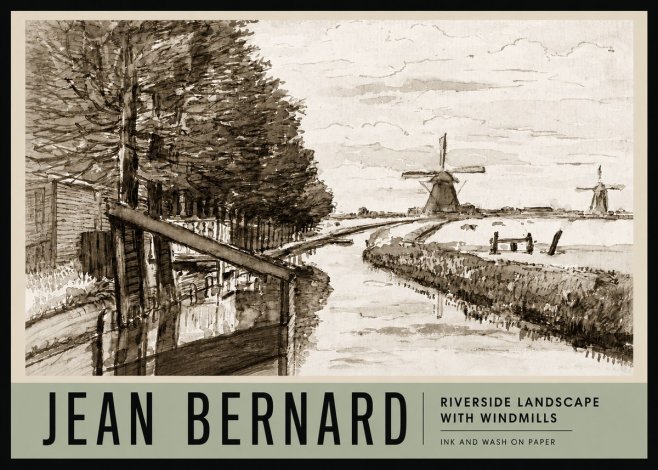 Jean Bernard Riverside Landscape with Windmills No3 - Poster