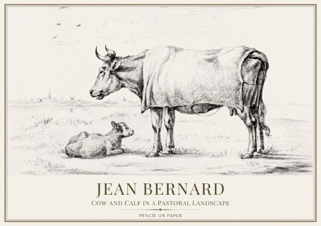 Jean Bernard Cow and Calf in a Pastoral Landscape No1 - Poster