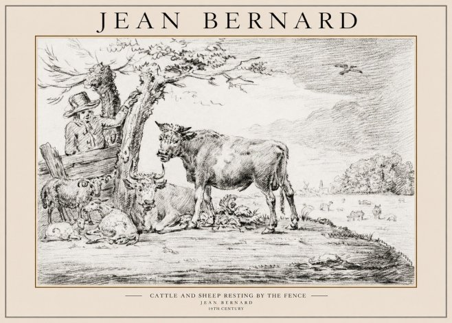 Jean Bernard Cattle and Sheep Resting by the Fence No1 - Poster