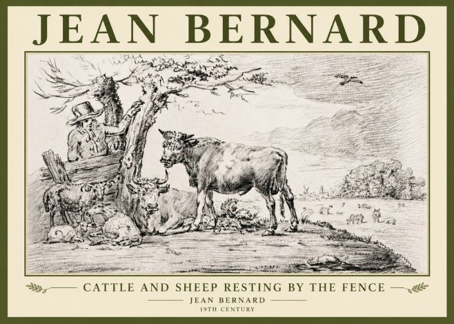 Jean Bernard Cattle and Sheep Resting by the Fence No5 - Poster