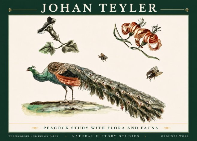 Johan Teyler Peacock Study with Flora and Fauna No5 - Poster
