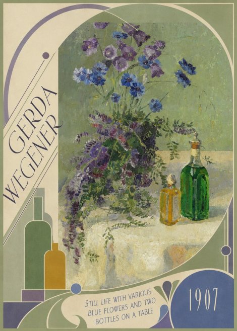 Gerda Wegener Still Life with Various Blue Flowers and Two Bottles on a Table No6 - Poster
