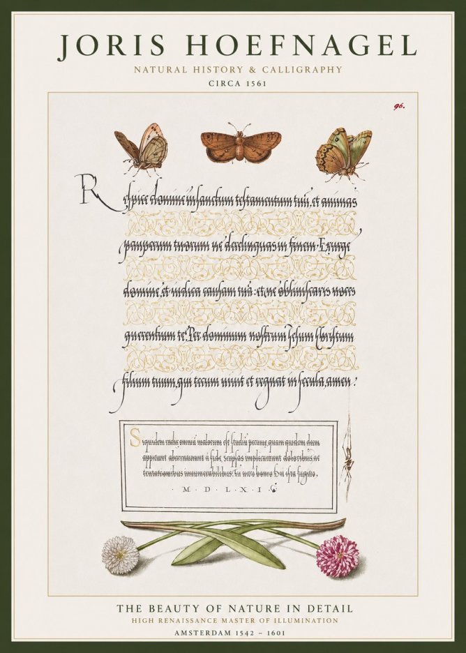 Joris Hoefnagel Butterflies, Flowers and Calligraphy Page No1 - Poster