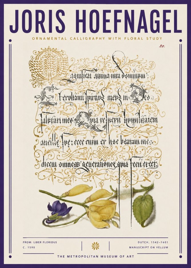 Joris Hoefnagel Ornamental Calligraphy with Floral Study No3 - Poster