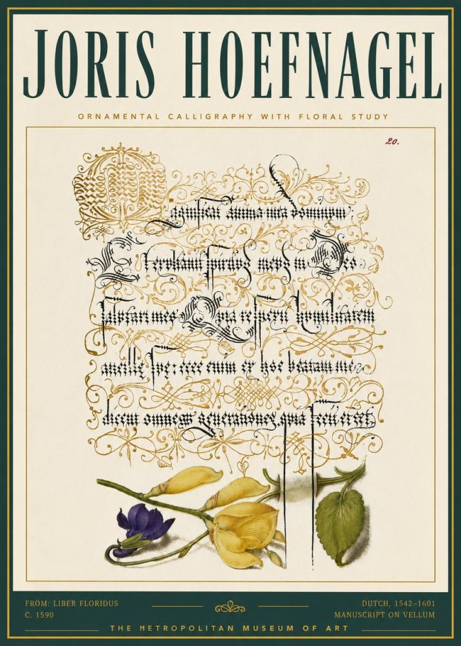 Joris Hoefnagel Ornamental Calligraphy with Floral Study No5 - Poster