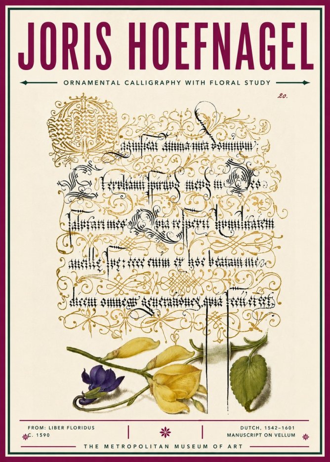 Joris Hoefnagel Ornamental Calligraphy with Floral Study No6 - Poster