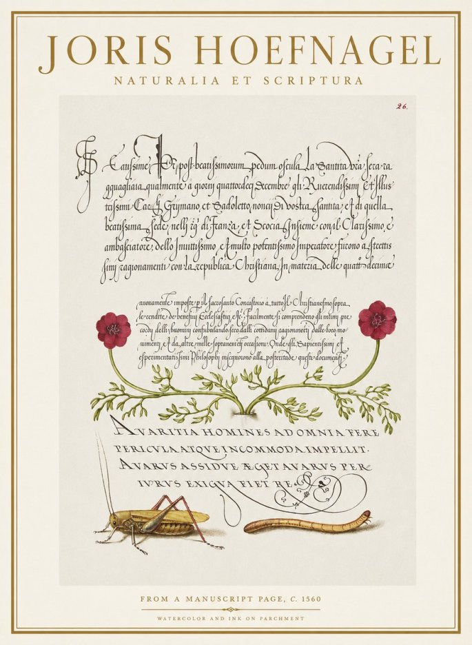 Joris Hoefnagel Illuminated Page with Flowers, Insects & Latin Script No2 - Poster