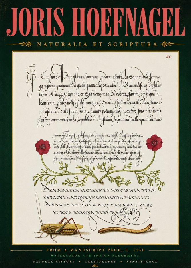 Joris Hoefnagel Illuminated Page with Flowers, Insects & Latin Script No5 - Poster