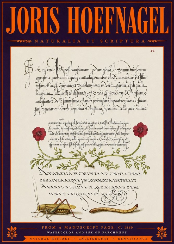 Joris Hoefnagel Illuminated Page with Flowers, Insects & Latin Script No6 - Poster