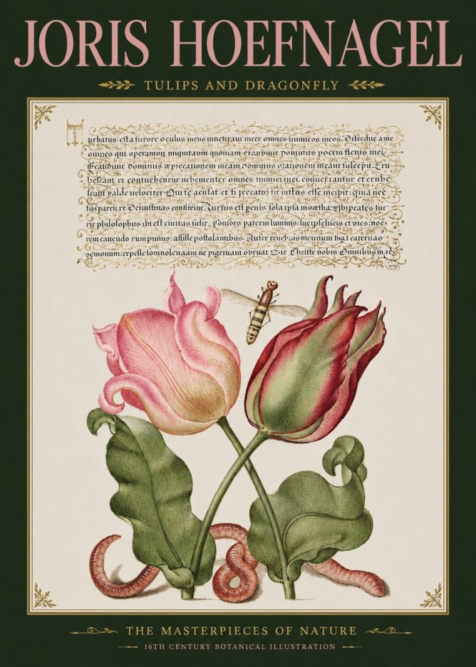 Joris Hoefnagel Two Tulips with Caterpillars and Dragonfly No5 - Poster