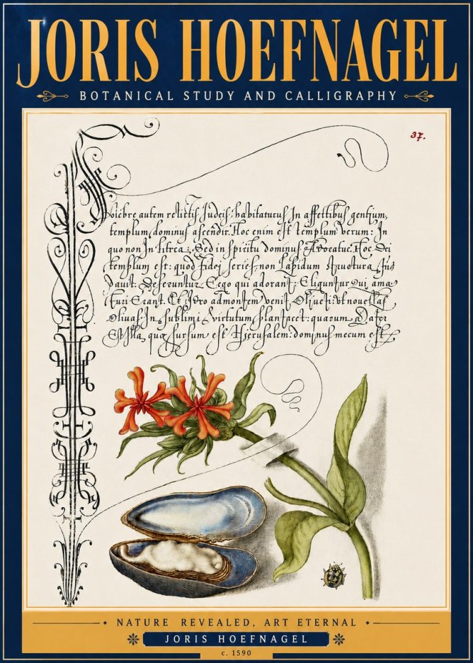 Joris Hoefnagel Botanical Study and Calligraphic Page No6 - Poster
