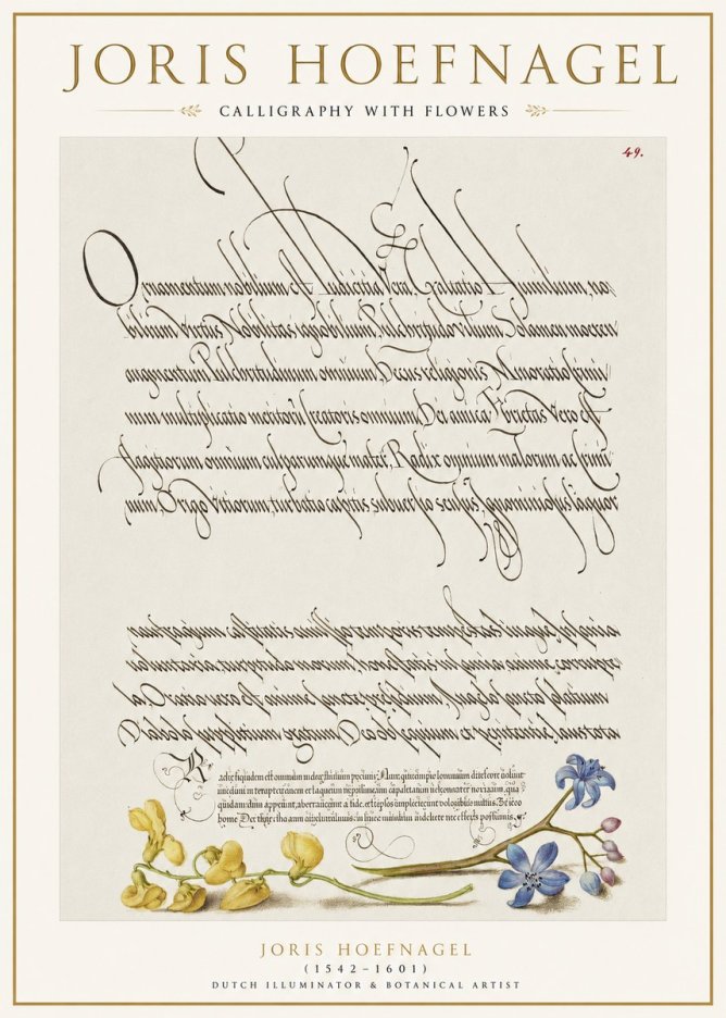 Joris Hoefnagel Calligraphy with Flowers No1 - Poster