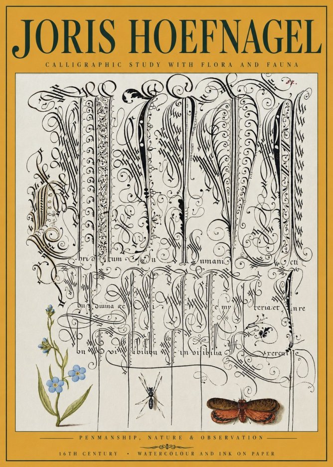 Joris Hoefnagel Calligraphic Study with Flora and Fauna No3 - Poster