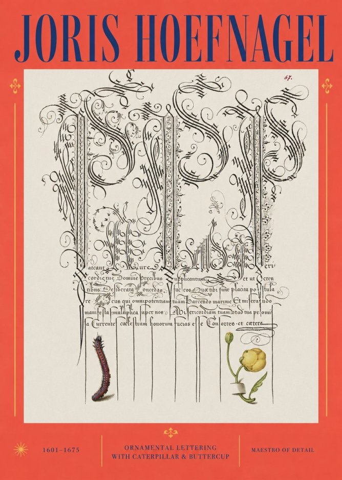 Joris Hoefnagel Ornamental Calligraphy with Caterpillar and Buttercup No3 - Poster