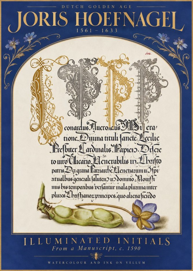 Joris Hoefnagel Illuminated Initials with Peapod and Flower No5 - Poster